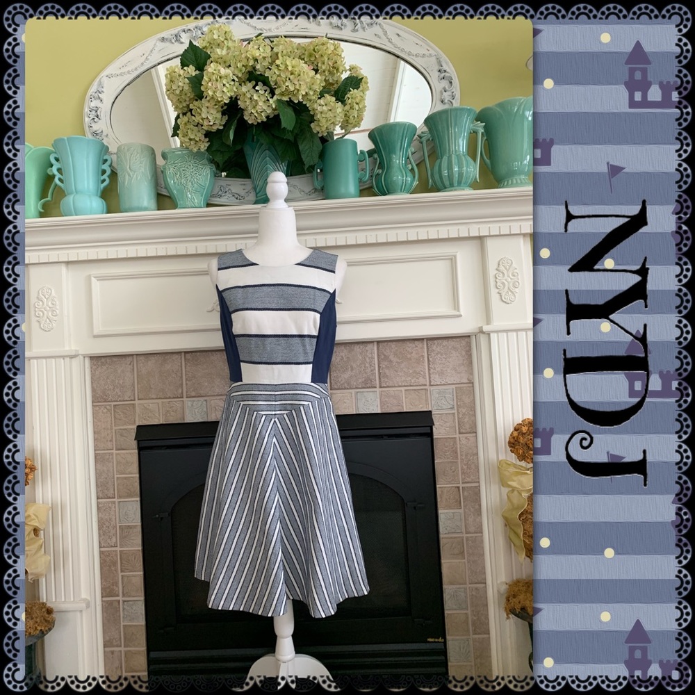 NYDJ Navy and White Striped Midi Dress